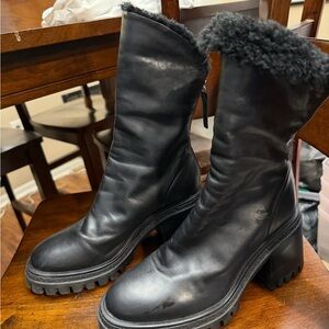 Halmanera Black Shearling Lug Sole Mid-Calf Heeled Boots